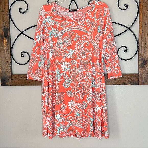 Vision Paisley Floral A-Line Pocket salmon Blue Dress Size Small - Picture 2 of 12